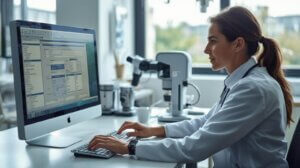 Dermatologist working on computer entering derm cpt codes